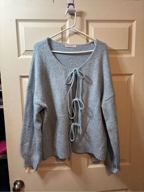 PrettyGarden Sky Blue Lace-Up Tie Front Cardigan Sweater